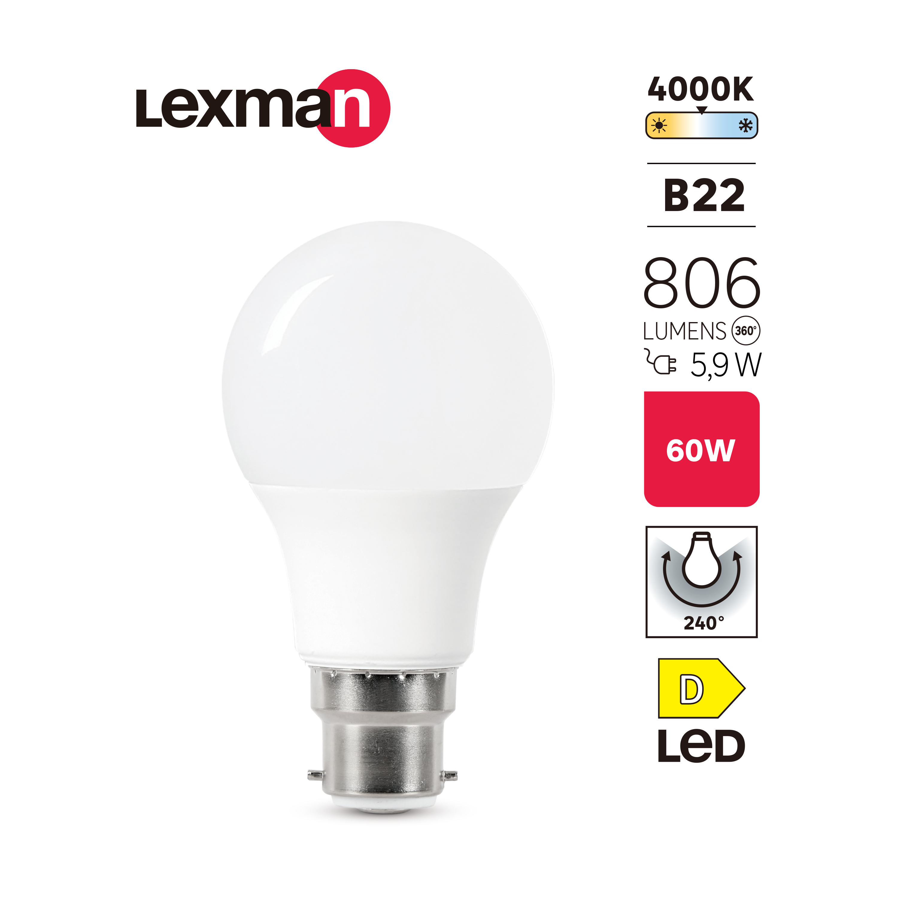Ampoule led, plastique, B22, 806lm = 60W, blanc neutre, LEXMAN - 3