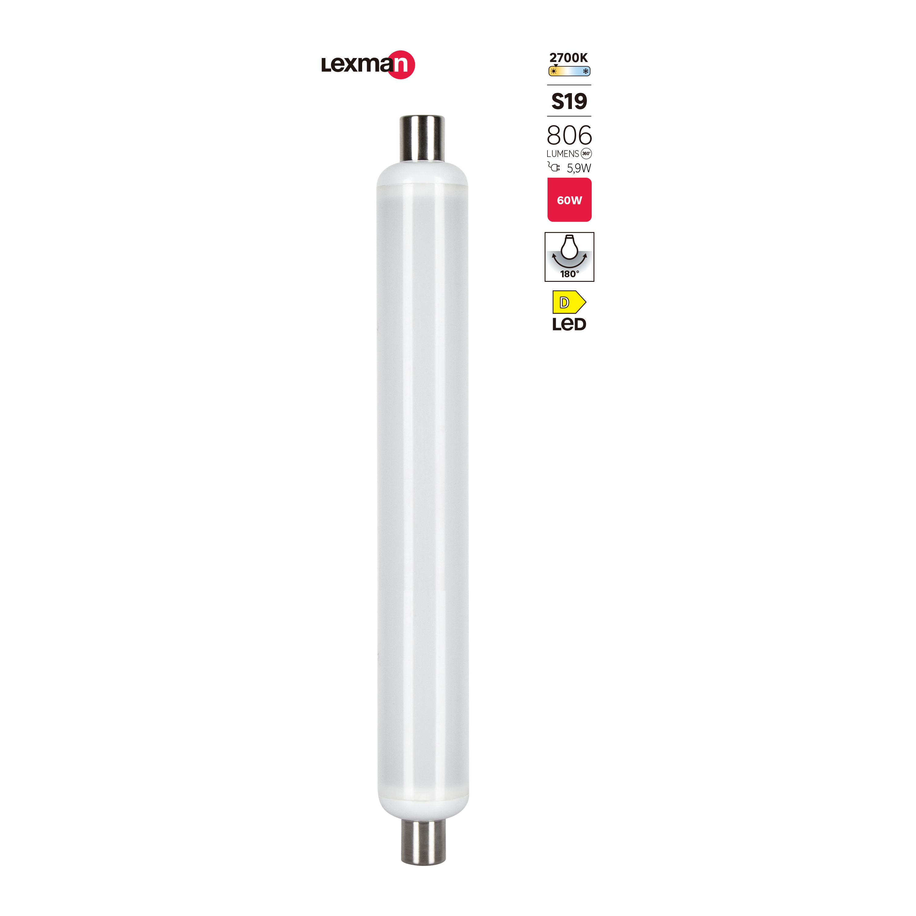 Ampoule led, tube S19, 806lm = 60W, blanc chaud, LEXMAN - 2