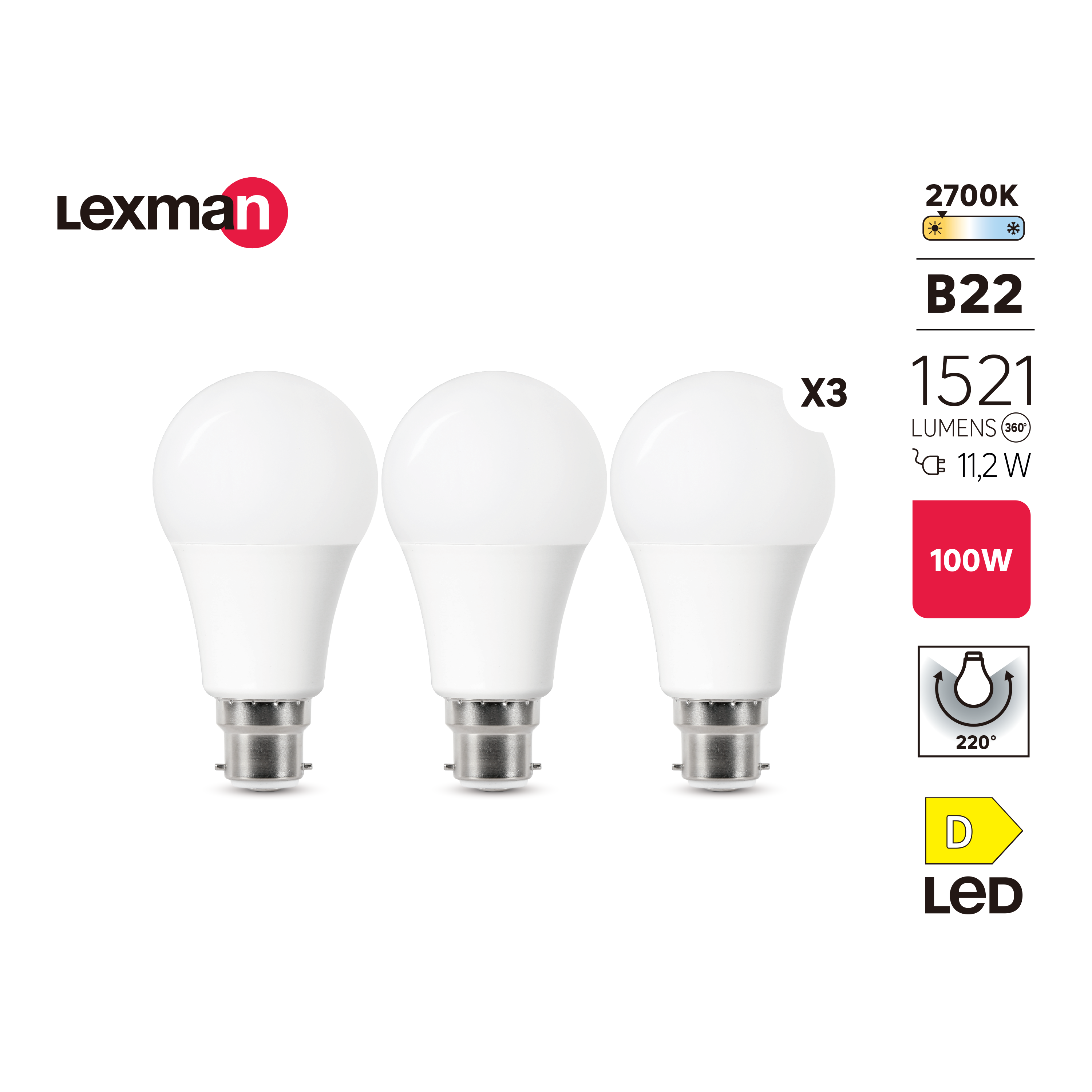 Lot de 3 ampoules led, plastique, B22, 1521lm = 100W, blanc chaud, LEXMAN - 2
