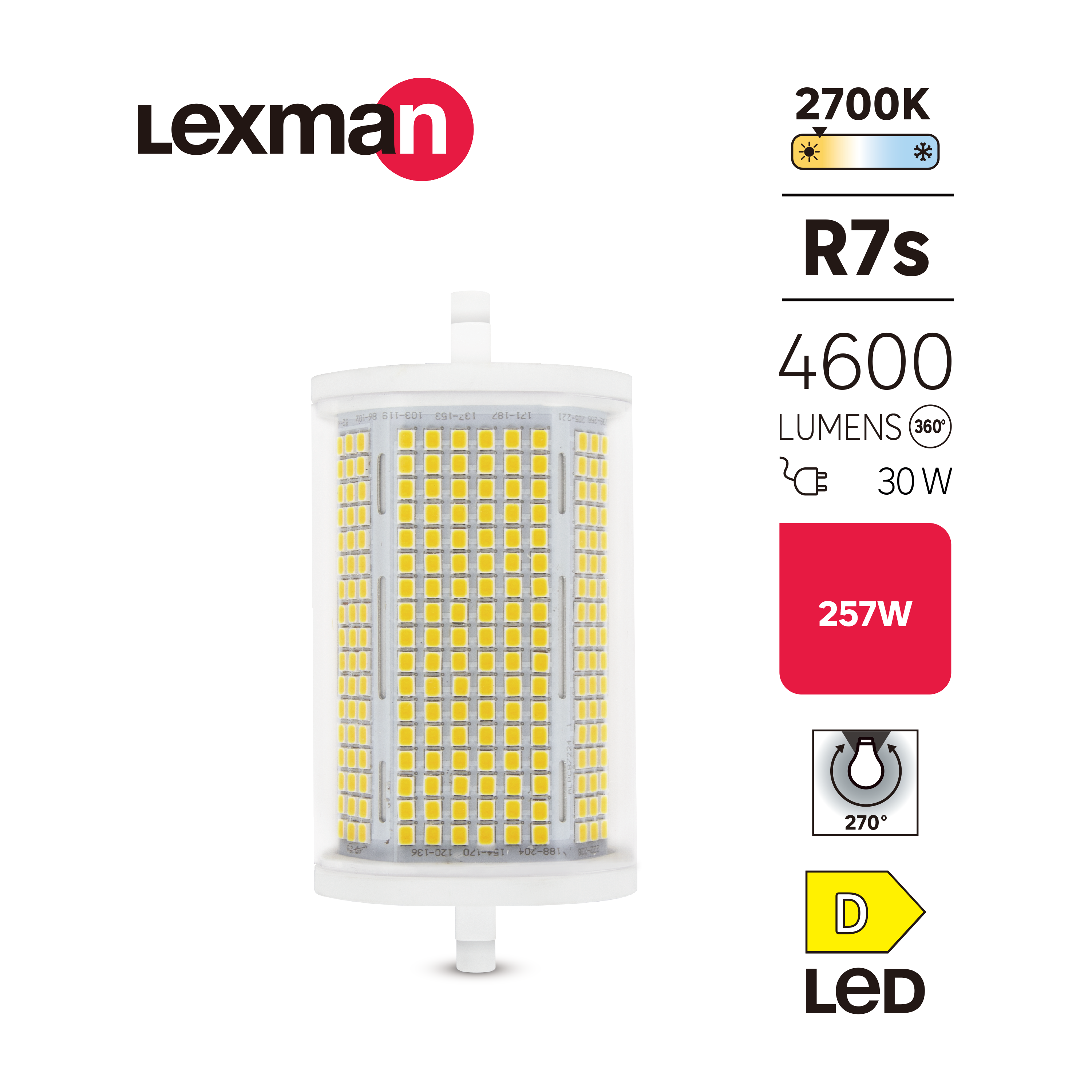 Ampoule led, tube R7S, 118mm, 4600lm = 257W, blanc chaud, LEXMAN - 2