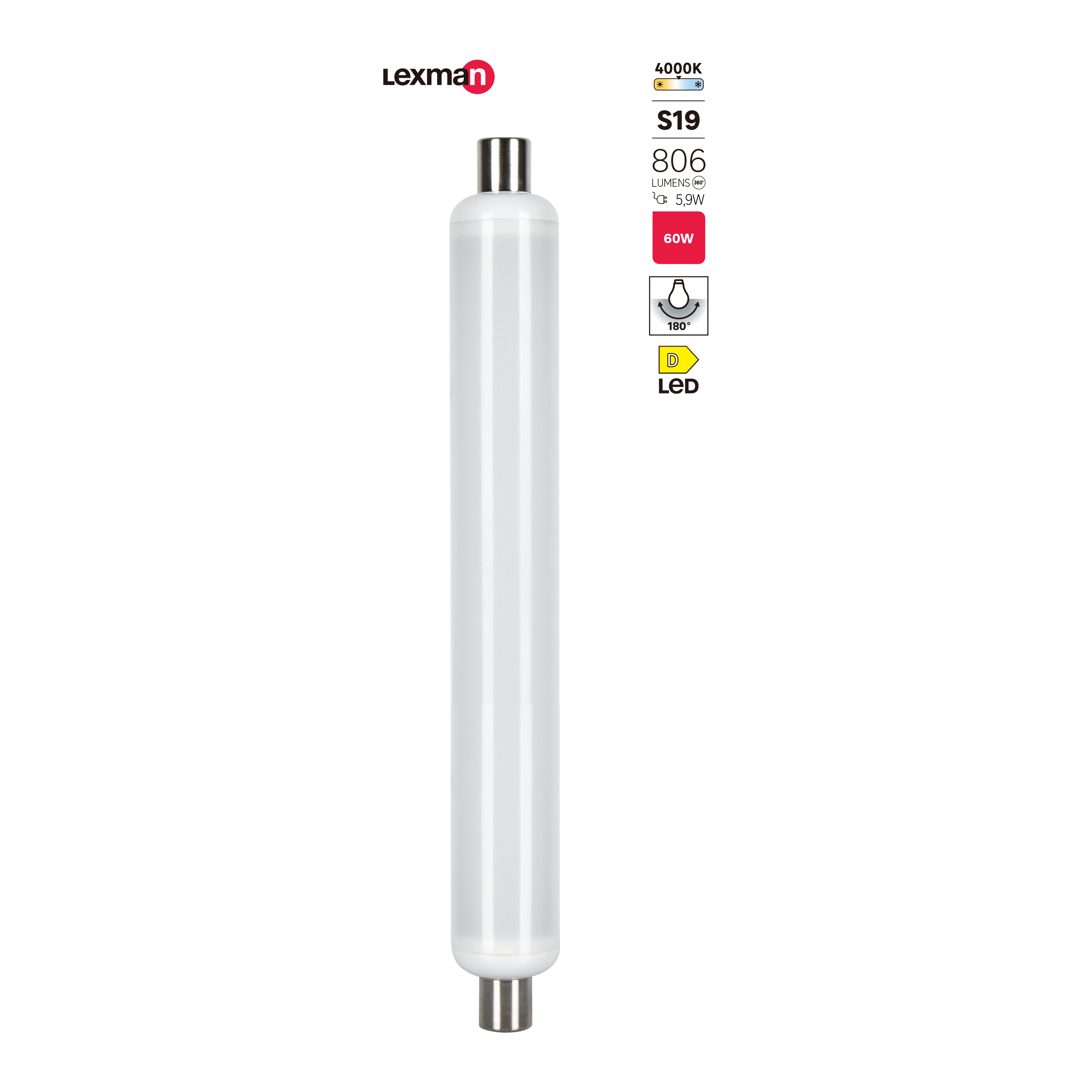 Ampoule led, tube S19, 806lm = 60W, blanc neutre, LEXMAN - 2