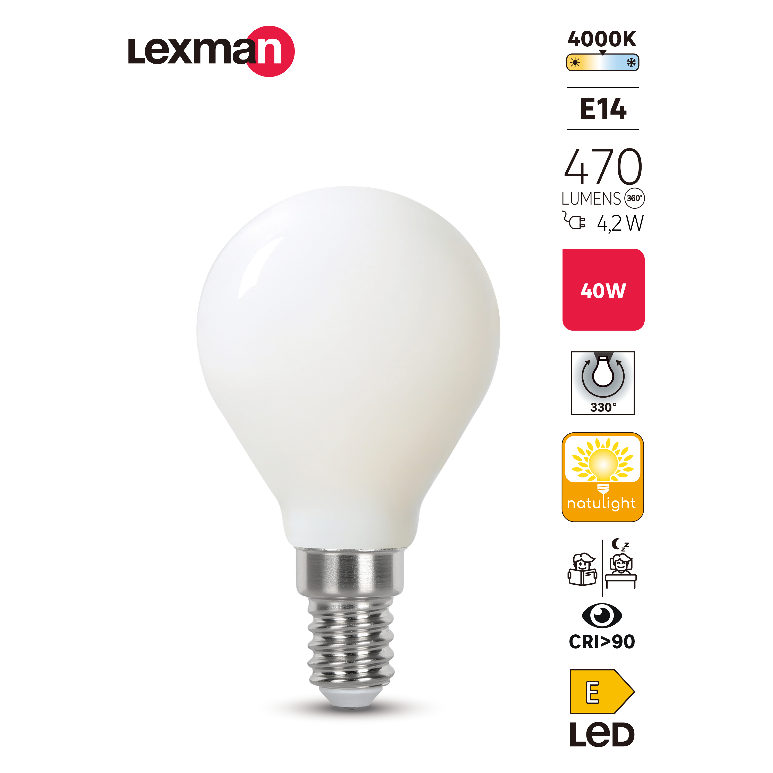 Bombilla LED E14 470 lúmenes 4.2W color de la luz blanco neutro 4000K CRI mayor que 90 alta reproducción cromática clase energética E - 5