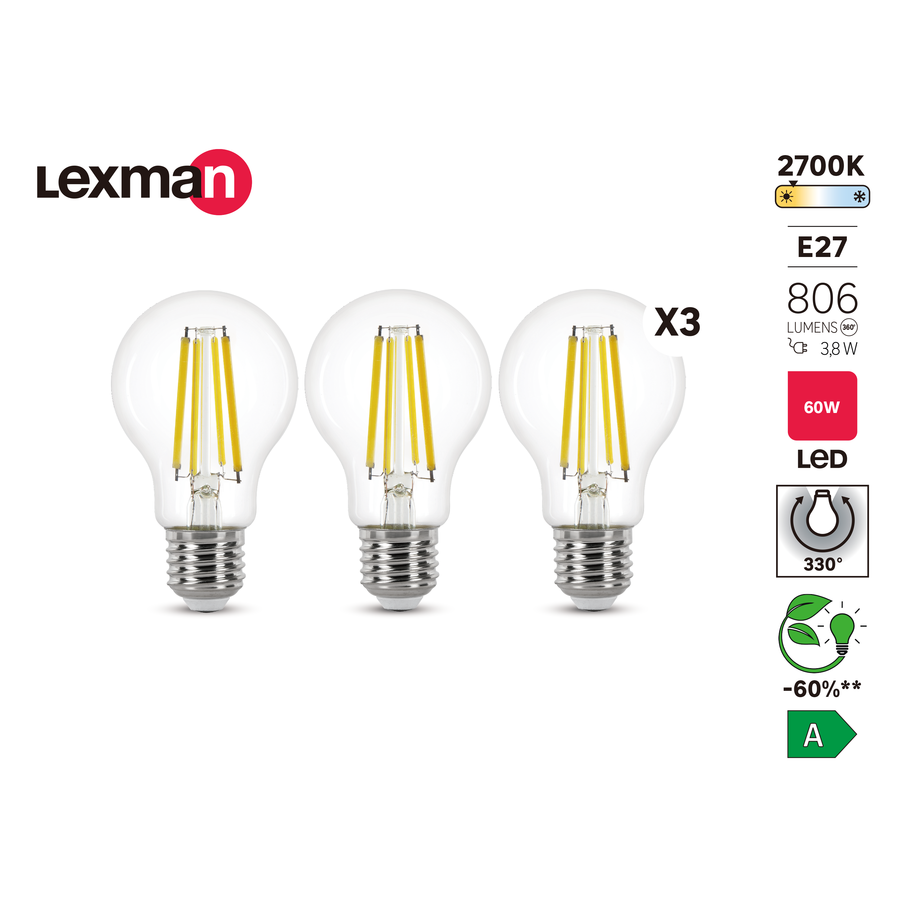 Pack de 3 bombillas LED E27 clase A (mayor ahorro energético) 806 lúmenes 3.8W color de la luz blanco cálido 2700K CRI 89-80 luz natural y fiel - 4