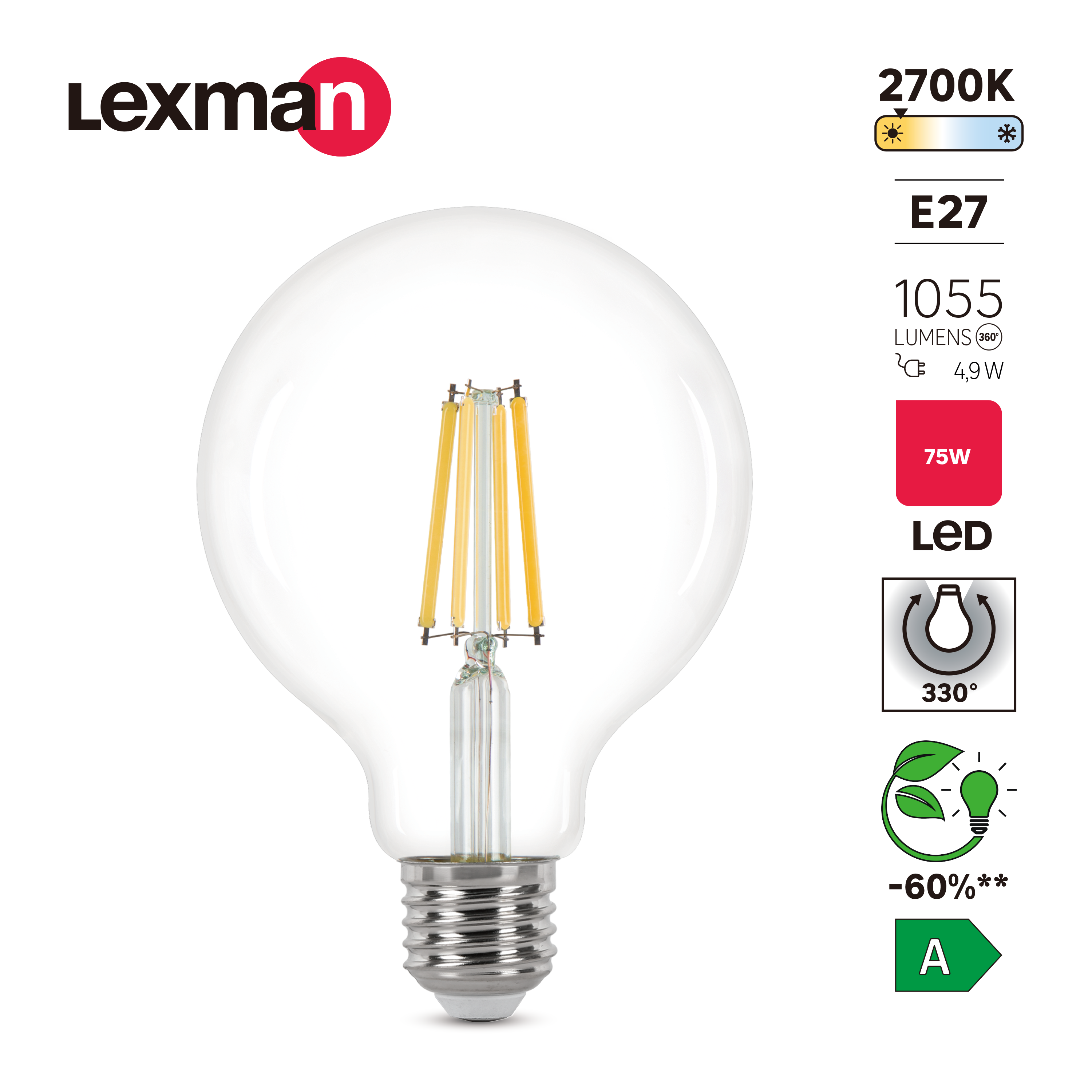 Ampoule led, globe 95mm E27, 1055lm, classe énergétique A, blanc chaud, LEXMAN - 3