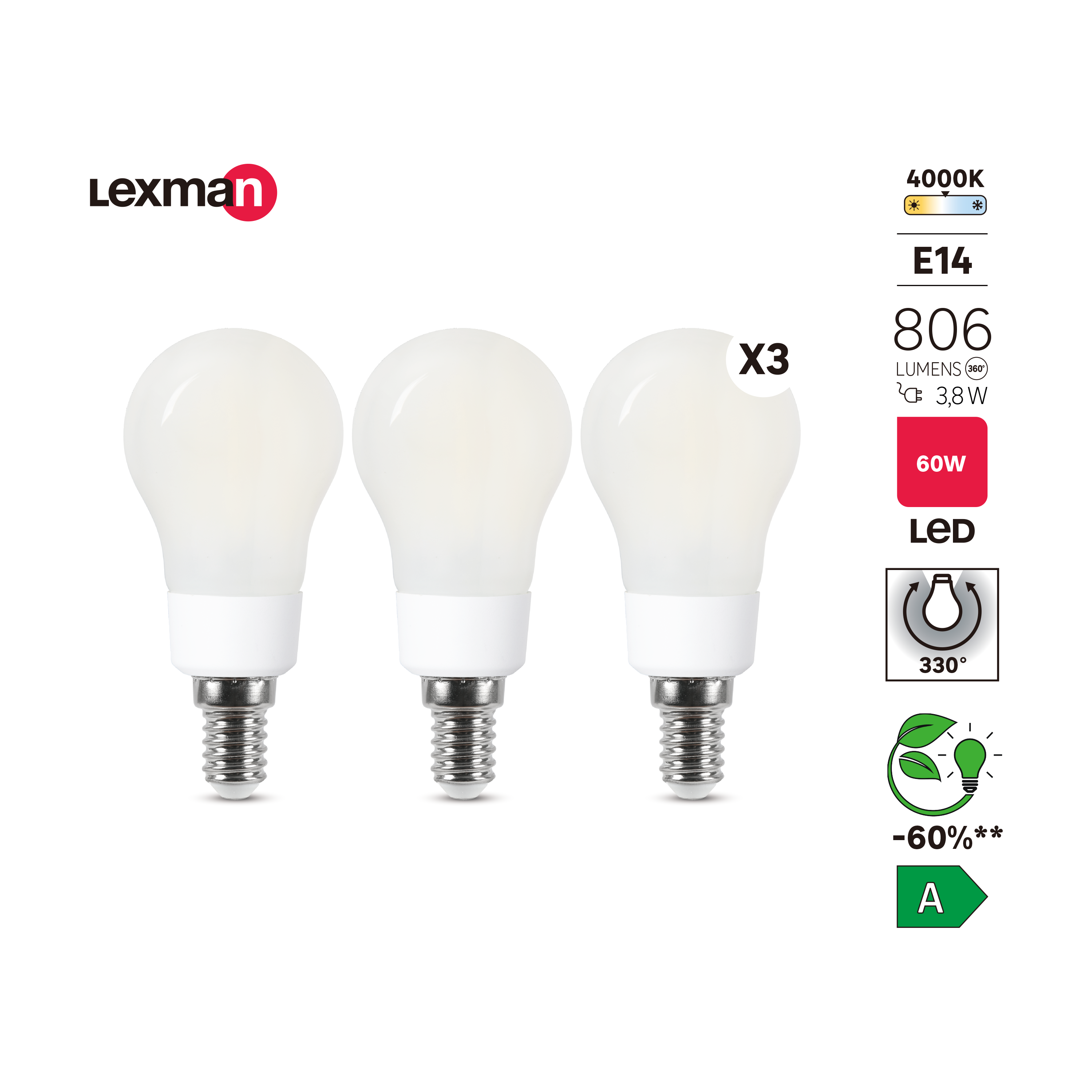 3 ampoules led, sphérique E14, 806lm, classe énergétique A, blanc neutre, LEXMAN - 3