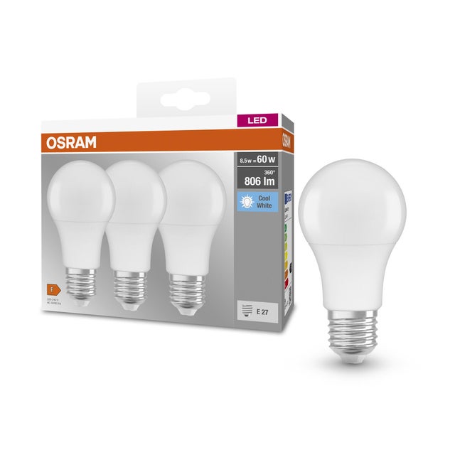Pack de 3 bombillas LED E27 clase A (mayor ahorro energético) 806 lúmenes 9.5W color de la luz blanco cálido 2700K