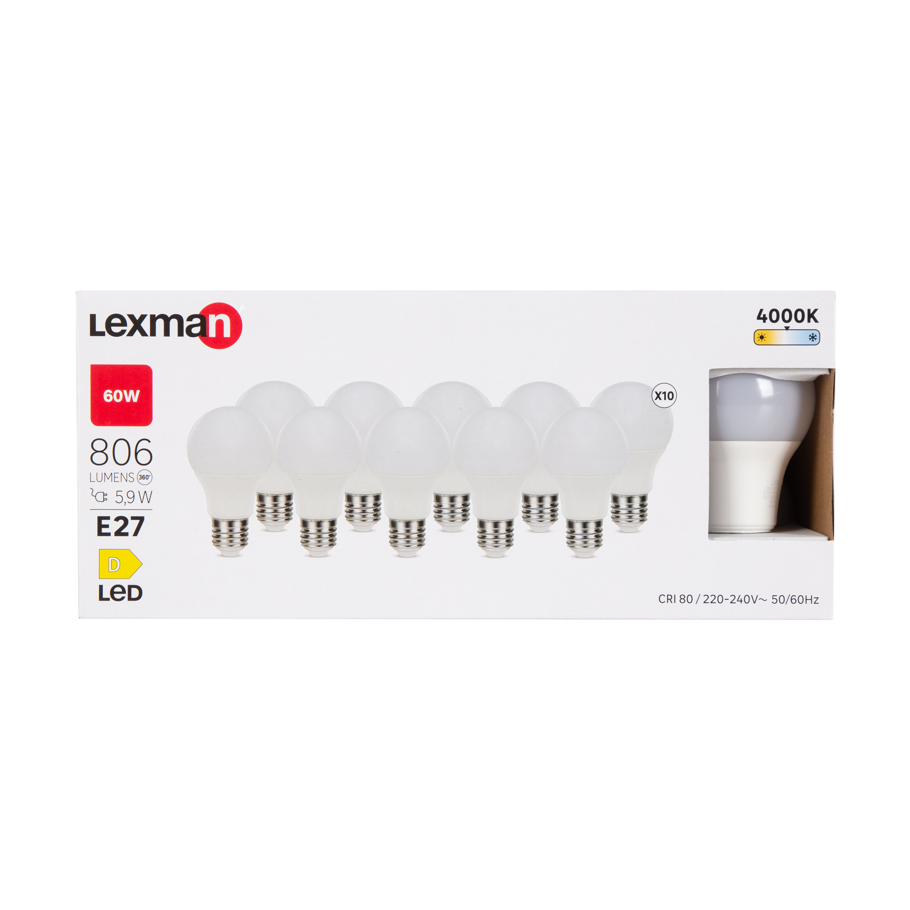 Lot de 10 ampoules led E27, 806lm = 60W, blanc neutre, LEXMAN - 3