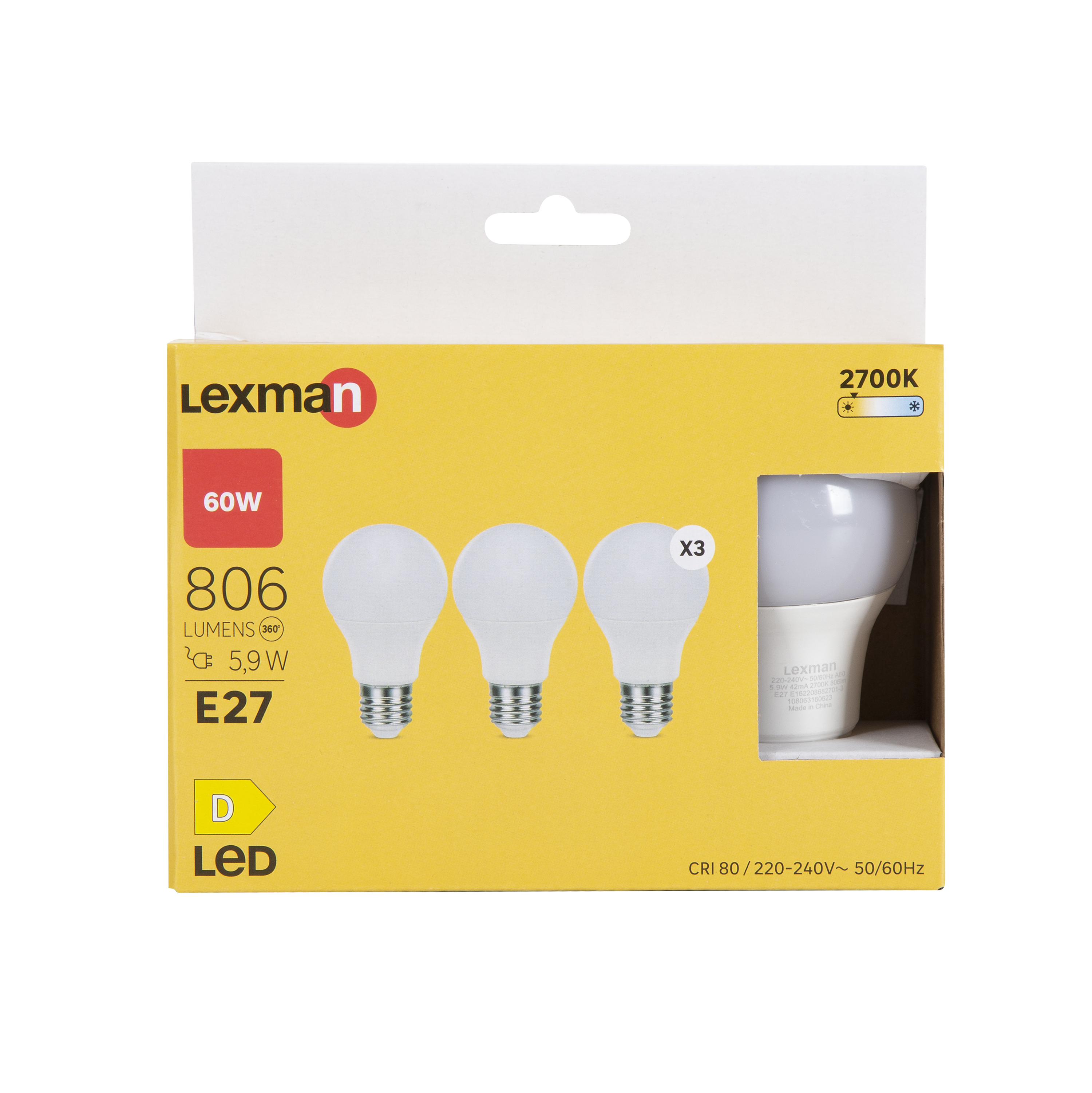 Lot de 3 ampoules led, plastique, E27, 806lm = 60W, blanc chaud, LEXMAN - 4