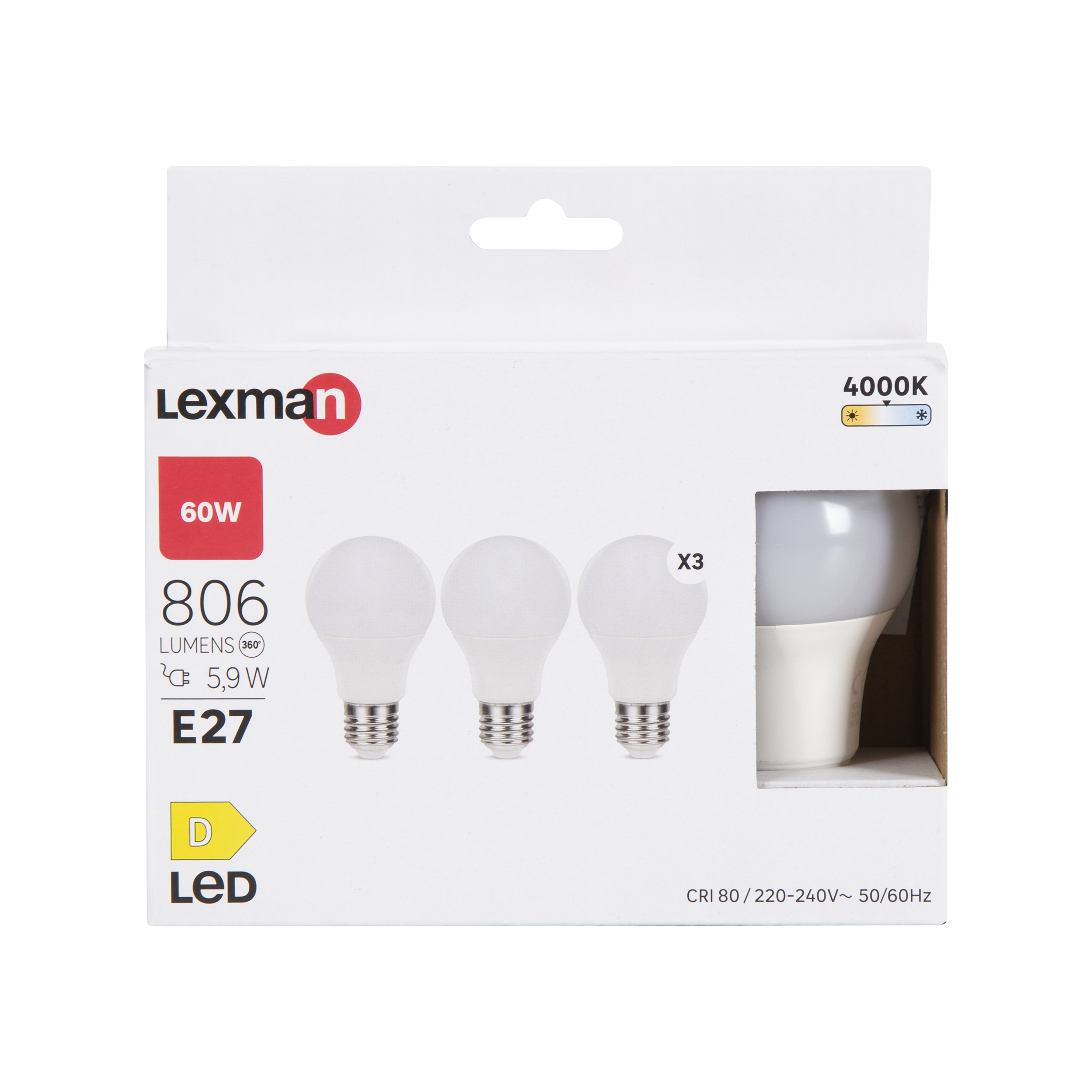 Lot de 3 ampoules led, plastique, E27, 806lm = 60W, blanc neutre, LEXMAN - 4