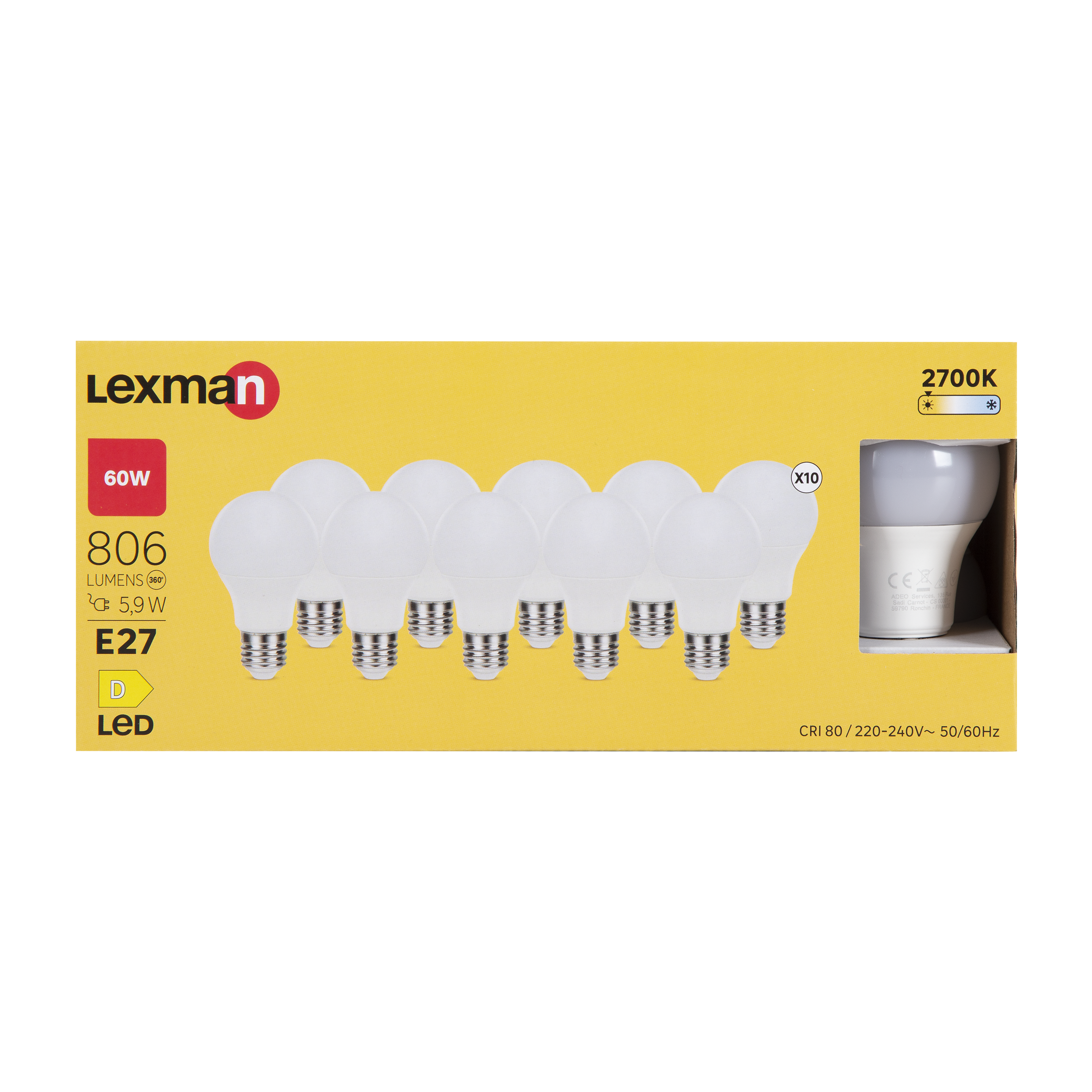 Lot de 10 ampoules led E27, 806lm = 60W, blanc chaud, LEXMAN - 3