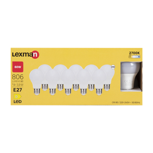 Lot de 10 ampoules led E27, 806lm = 60W, blanc chaud, LEXMAN