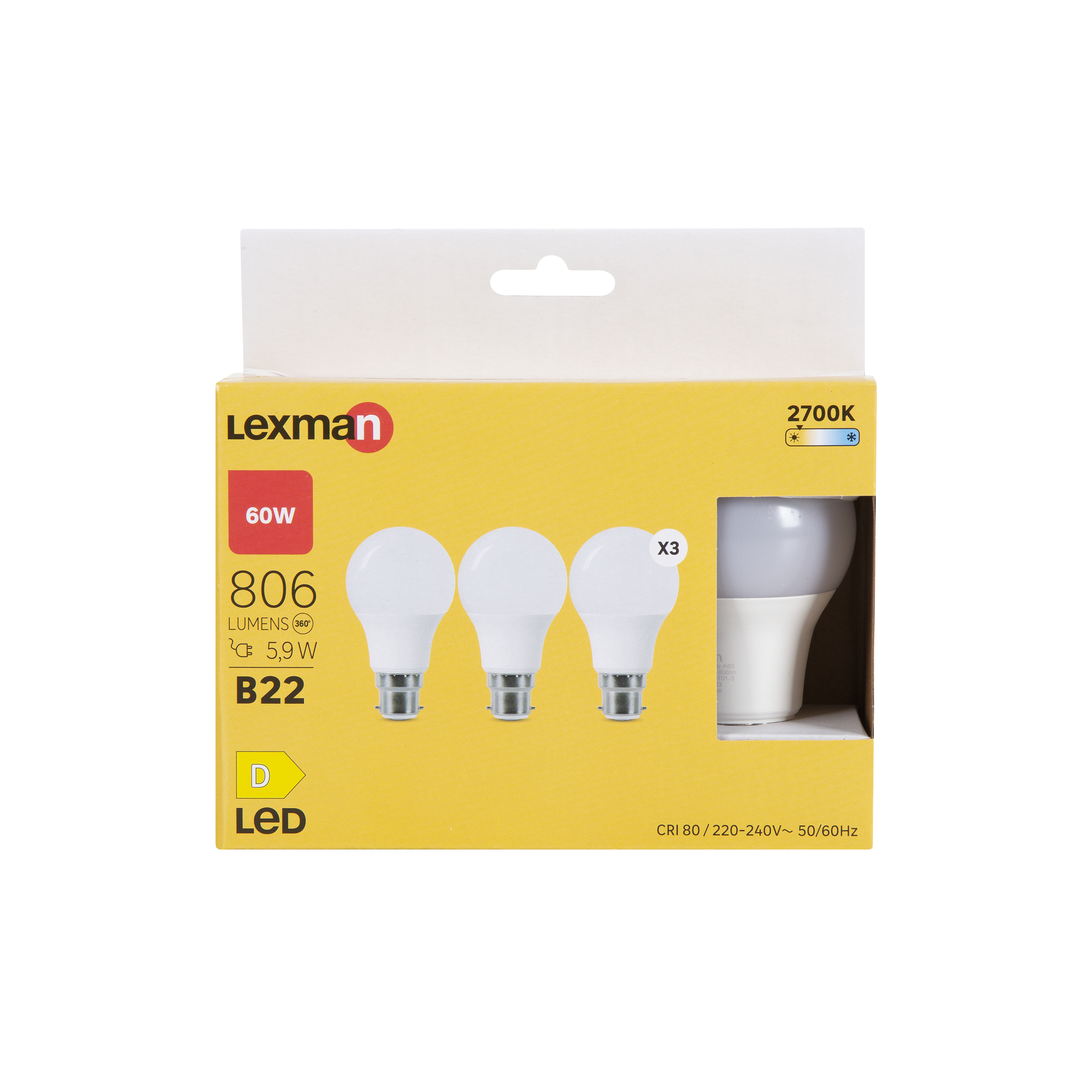 Lot de 3 ampoules led, B22, 806lm = 60W, blanc chaud, LEXMAN - 4