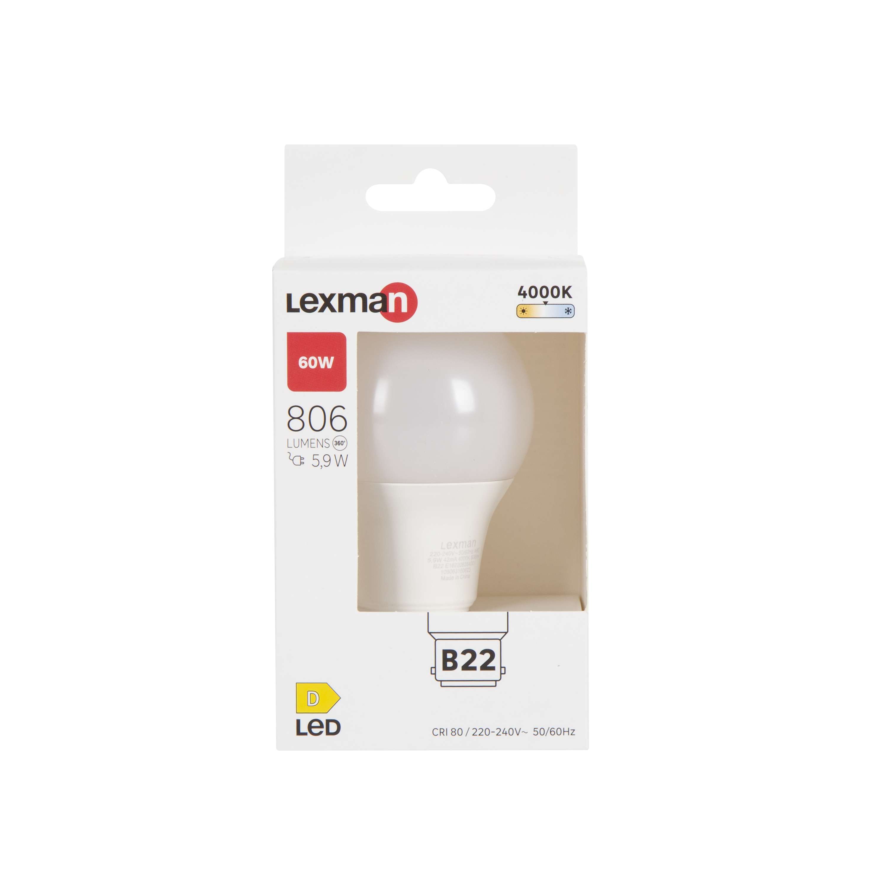 Ampoule led, plastique, B22, 806lm = 60W, blanc neutre, LEXMAN - 4