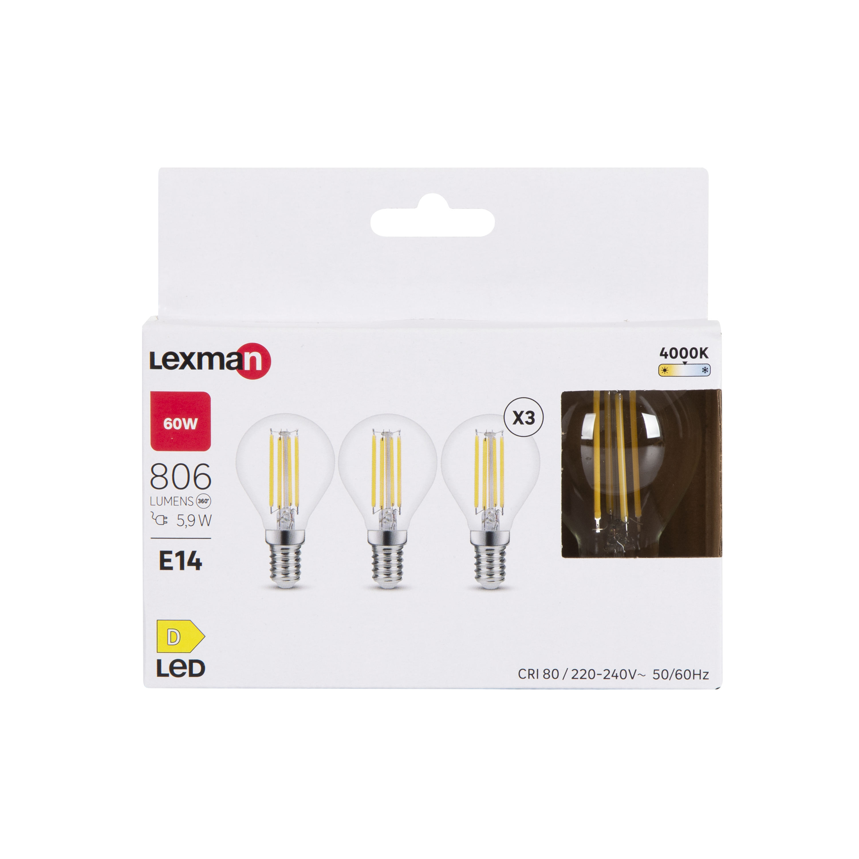 3 ampoules led à filament, sphérique, E14, 806lm = 60W, blanc neutre, LEXMAN - 4
