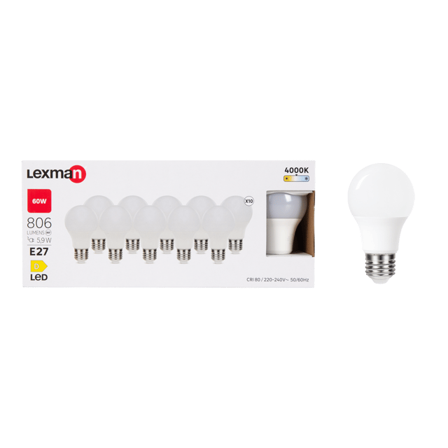 Lot de 10 ampoules led E27, 806lm = 60W, blanc neutre, LEXMAN