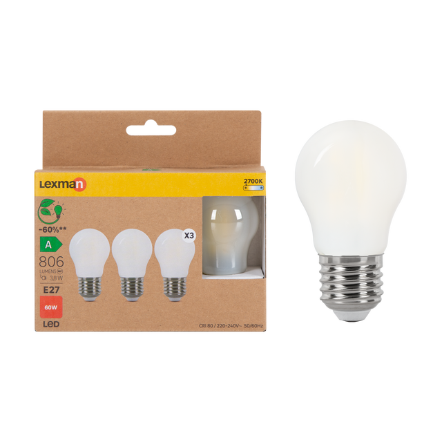 3 ampoules led, sphérique E27, 806lm, classe énergétique A, blanc chaud, LEXMAN
