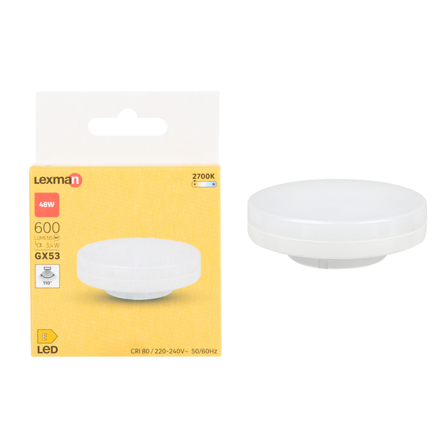 Ampoule led, disque GX53, 600lm = 48W, blanc chaud, LEXMAN
