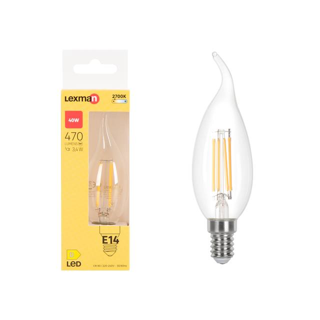 Ampoule led filament, flamme coup de vent, E14, 470lm = 40W, blanc chaud, LEXMAN