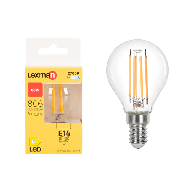 Ampoule led à filament, sphérique, E14, 806lm = 60W, blanc chaud, LEXMAN