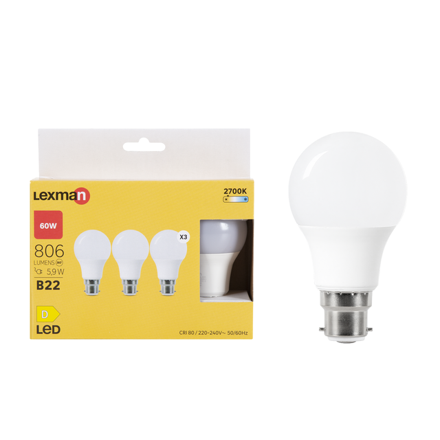 Lot de 3 ampoules led, B22, 806lm = 60W, blanc chaud, LEXMAN
