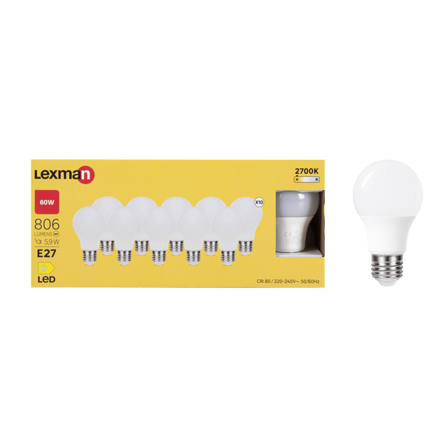 Lot de 10 ampoules led E27, 806lm = 60W, blanc chaud, LEXMAN