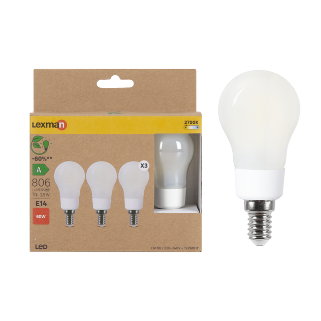 3 ampoules led, sphérique E14, 806lm, classe énergétique A, blanc chaud, LEXMAN
