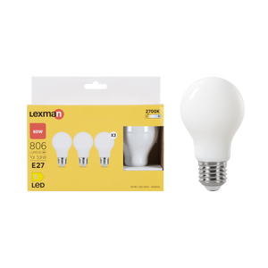 Lot de 3 ampoules led, E27, 806lm = 60W, blanc chaud, LEXMAN