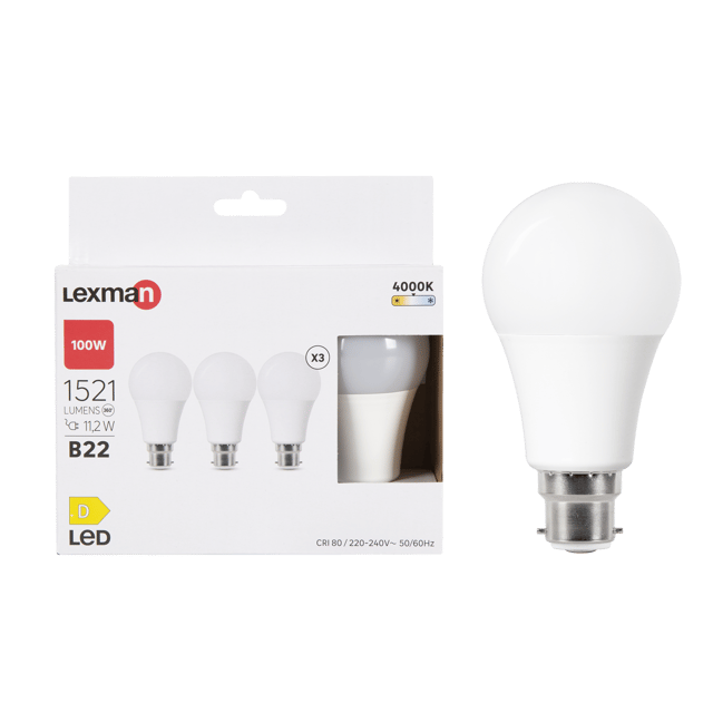 Lot de 3 ampoules led, plastique, B22, 1521lm = 100W, blanc neutre, LEXMAN