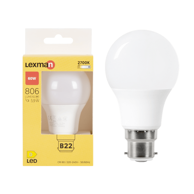 Ampoule led, plastique, B22, 806lm = 60W, blanc chaud, LEXMAN