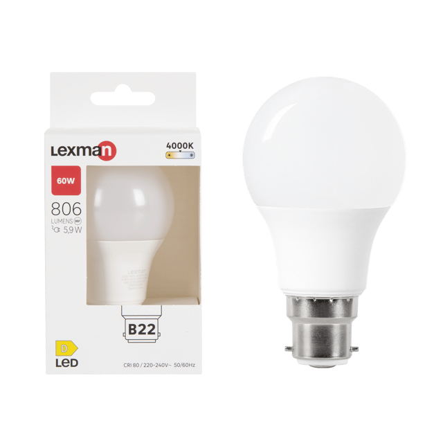Ampoule led, plastique, B22, 806lm = 60W, blanc neutre, LEXMAN