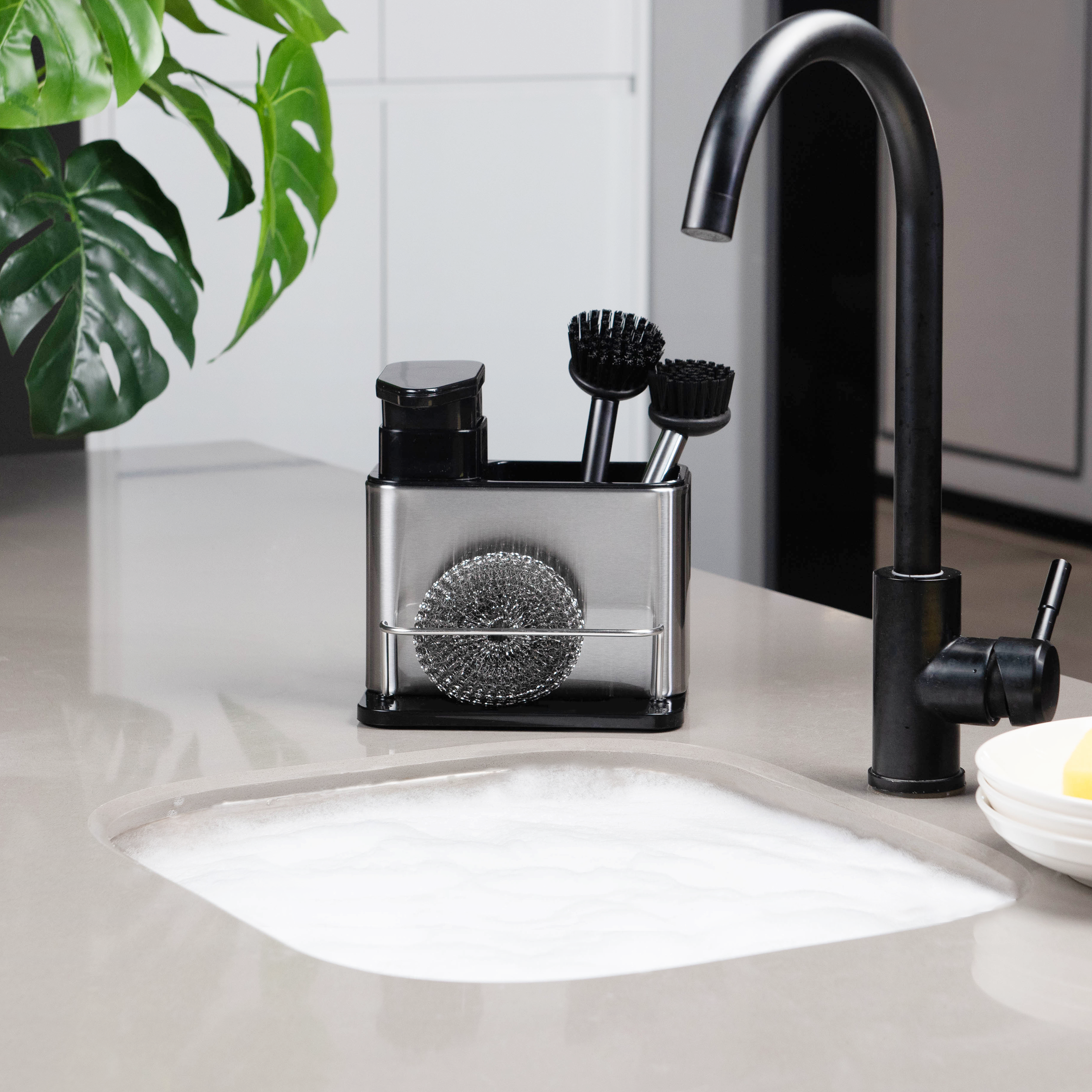 Doseador com porta esponja 300ml 12.8x18x18.5cm cinza/preto Delinia - 3