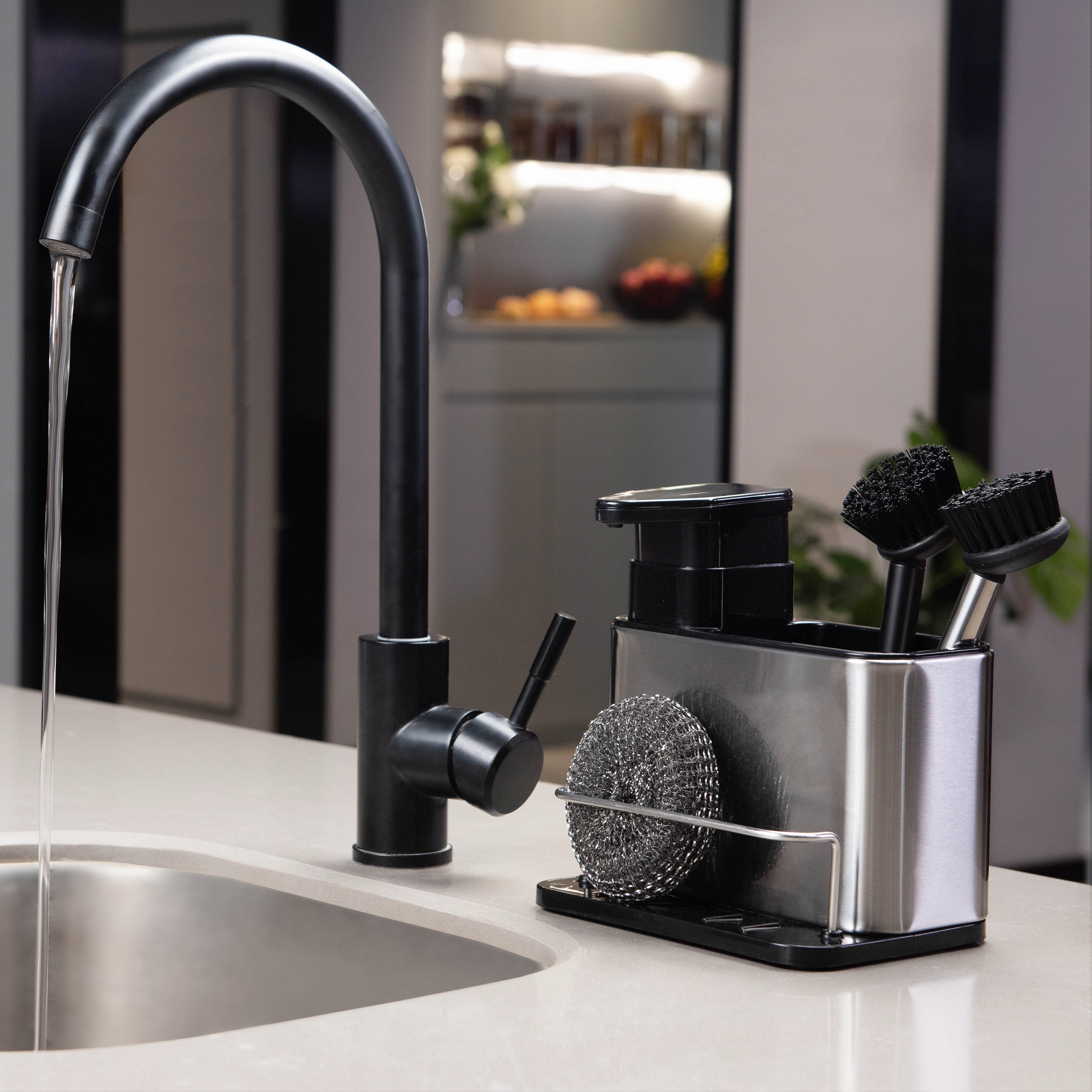 Doseador com porta esponja 300ml 12.8x18x18.5cm cinza/preto Delinia - 4