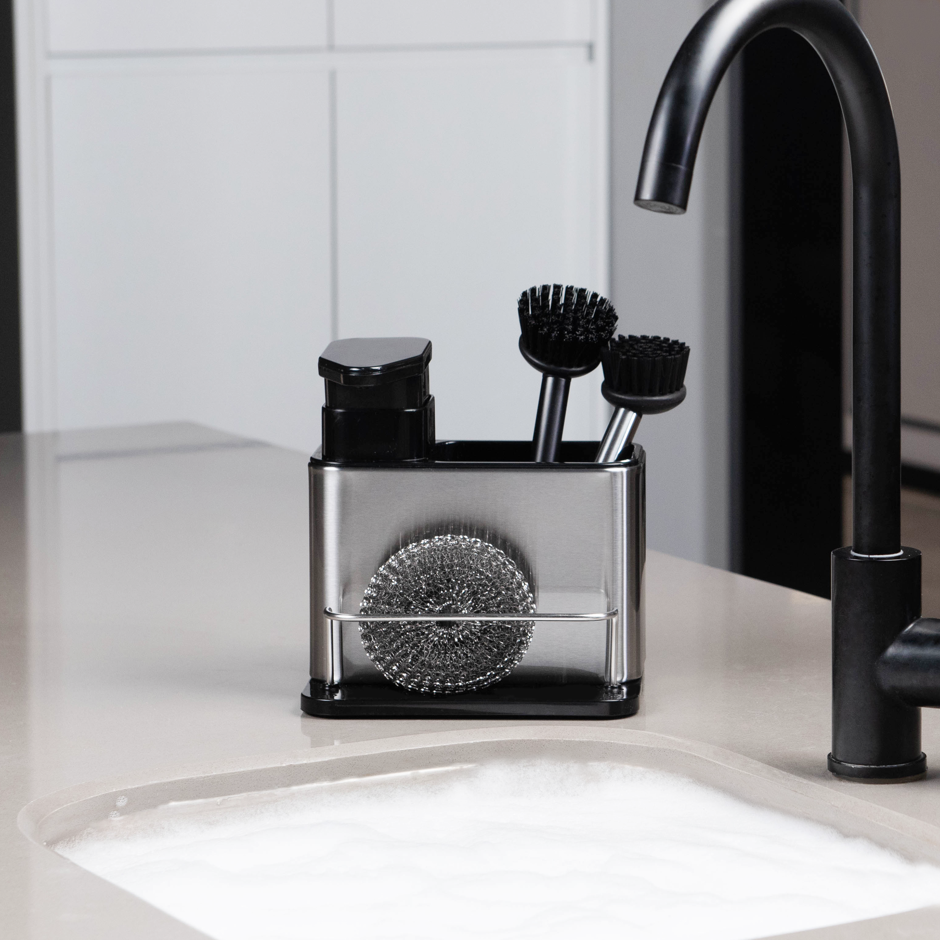 Doseador com porta esponja 300ml 12.8x18x18.5cm cinza/preto Delinia - 11