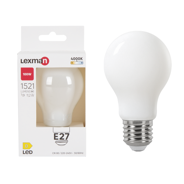 Lampadina LED, E27 goccia, opaco, luce naturale, 11.2W= 1521 LM (equiv 100 W), 330°, LEXMAN