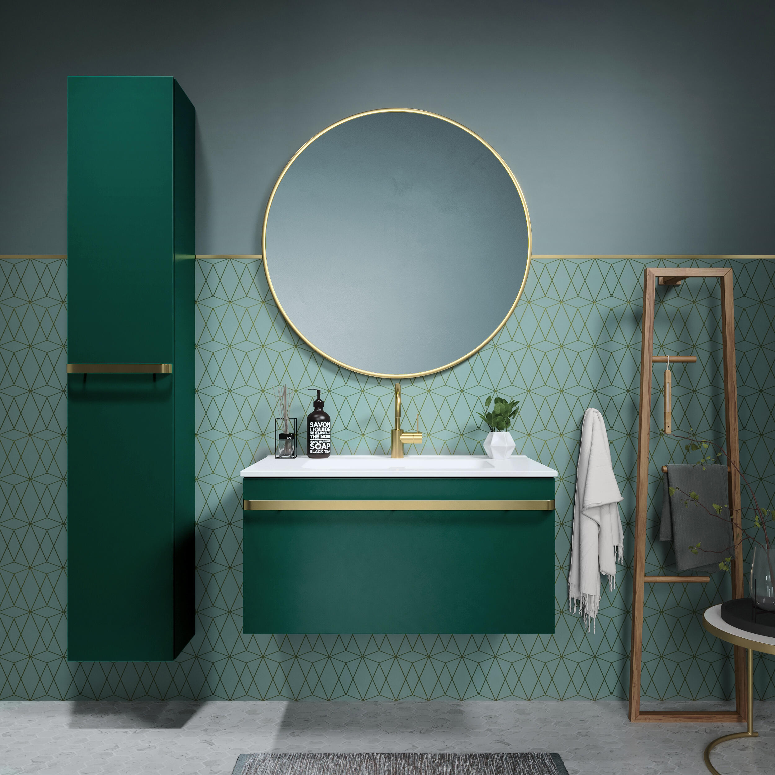 mueble de baño con lavabo y columna loa verde 80x45 cm