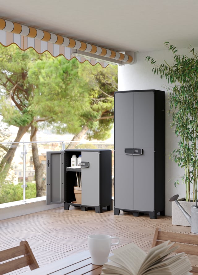 Armadio alto + basso Excellence SPACEO in resina, grigio chiaro e nero L 273 x H 180 x P 39 cm 2 ante, adatto per interno/esterno