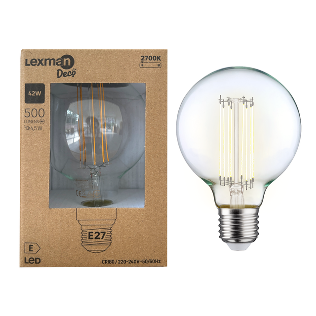 Ampoule led déco, filament carbone, globe 95mm, E27, 500lm, blanc chaud, LEXMAN