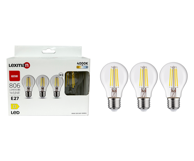 Lot de 3 ampoules led, E27, 806lm = 60W, blanc neutre, LEXMAN