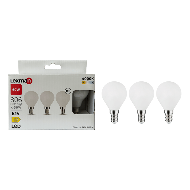 Lot de 3 ampoules led, sphérique, E14, 806lm = 60W, blanc neutre, LEXMAN