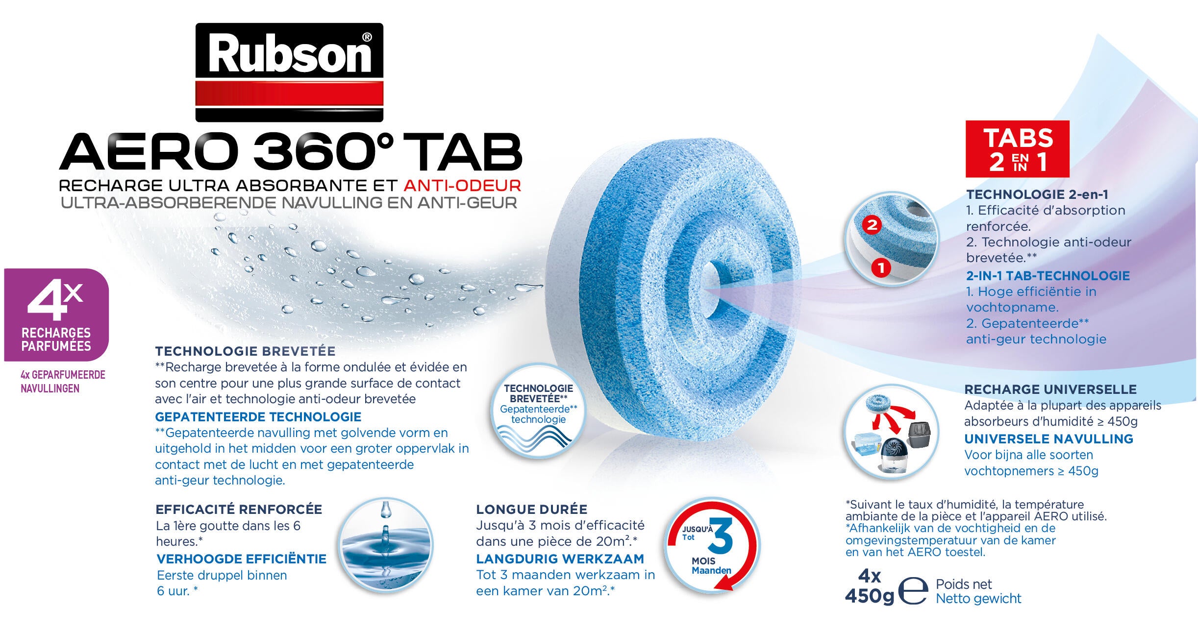 Lot de 4 recharges tablette absorbeur d'humidité RUBSON Aéro 360° lavande 20 m² - 6