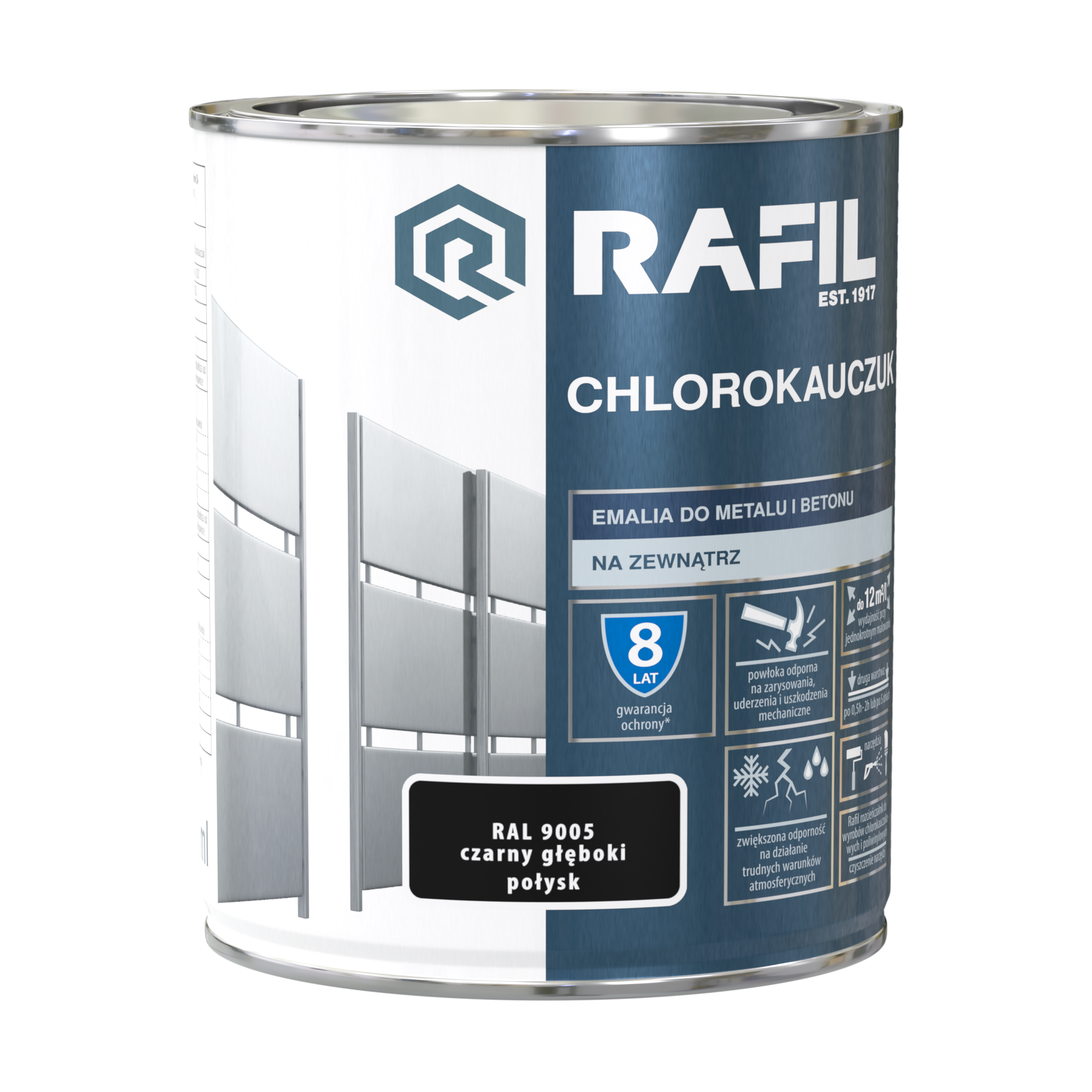 Emalia do metalu i betonu CHLOROKAUCZUK 0.75 l Czarny głęboko RAL9005 RAFIL - 2