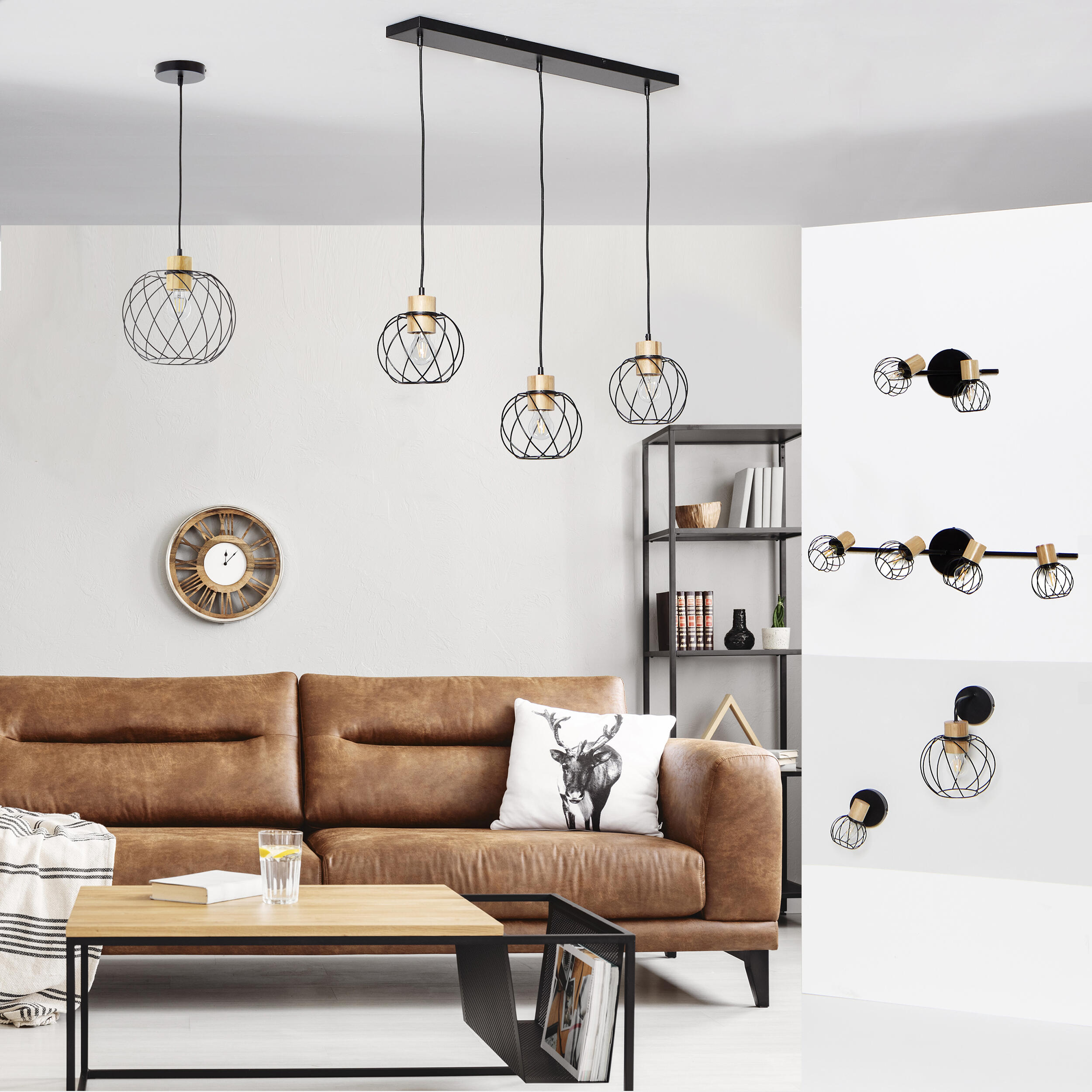 Aplique de pared para salón Mallow INSPIRE de bambú negro y de acero compatible con casquillo E27 IP20 - 9