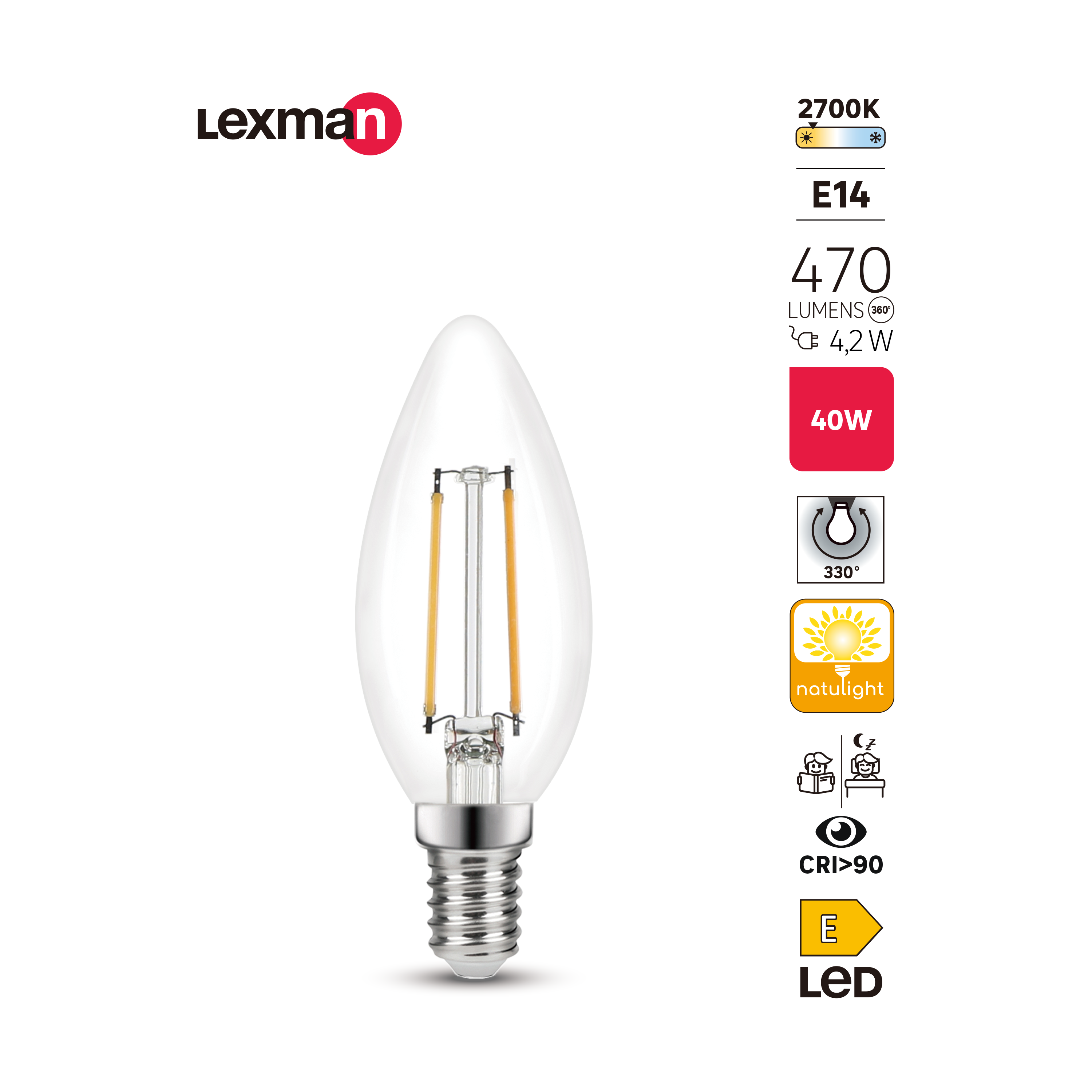 Lâmpada natulight C35 E14 470lm 2700K Lexman - 3