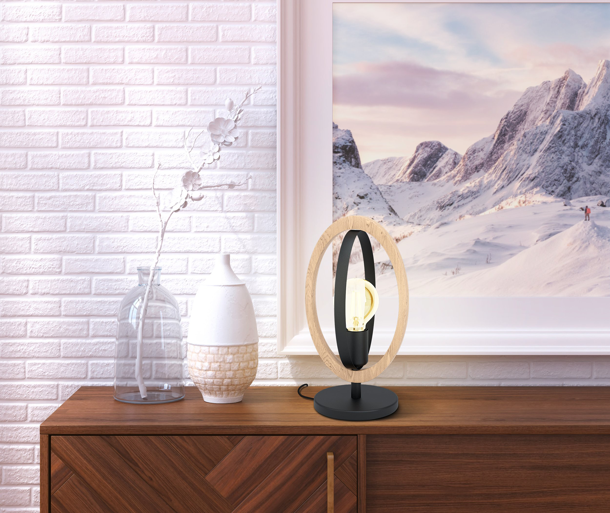 Lámpara de mesa compatible con casquillo e27 basildon eglo con estructura acero negro pantalla de madera alimentación a red
