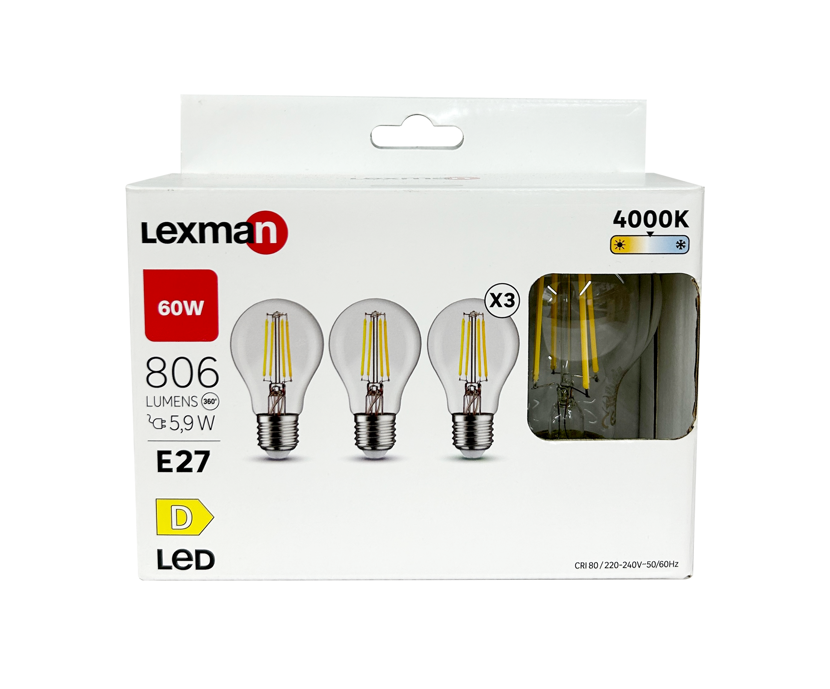 Lot de 3 ampoules led, E27, 806lm = 60W, blanc neutre, LEXMAN - 4