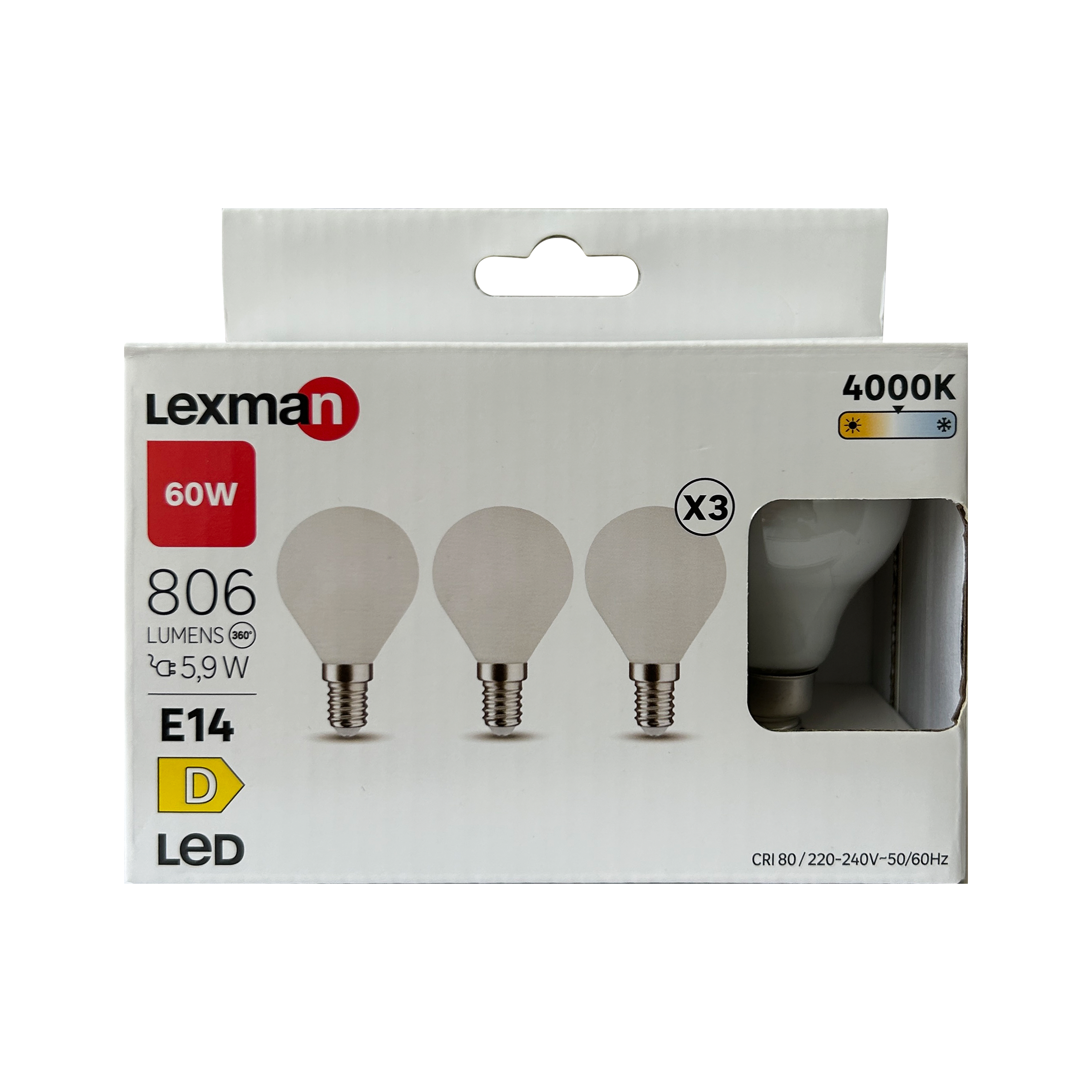 Lot de 3 ampoules led, sphérique, E14, 806lm = 60W, blanc neutre, LEXMAN - 4