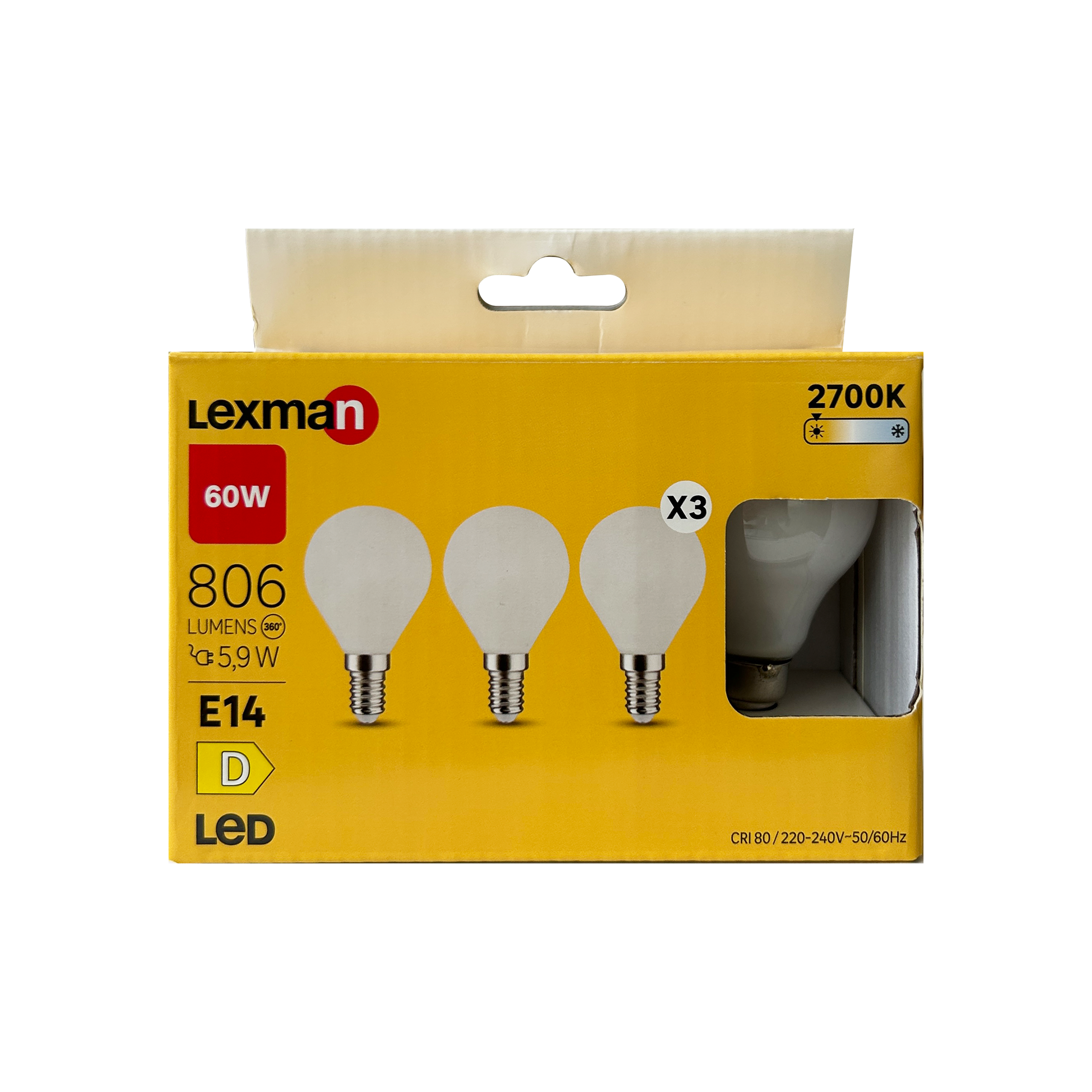 Lot de 3 ampoules led, sphérique, E14, 806lm = 60W, blanc chaud, LEXMAN - 4