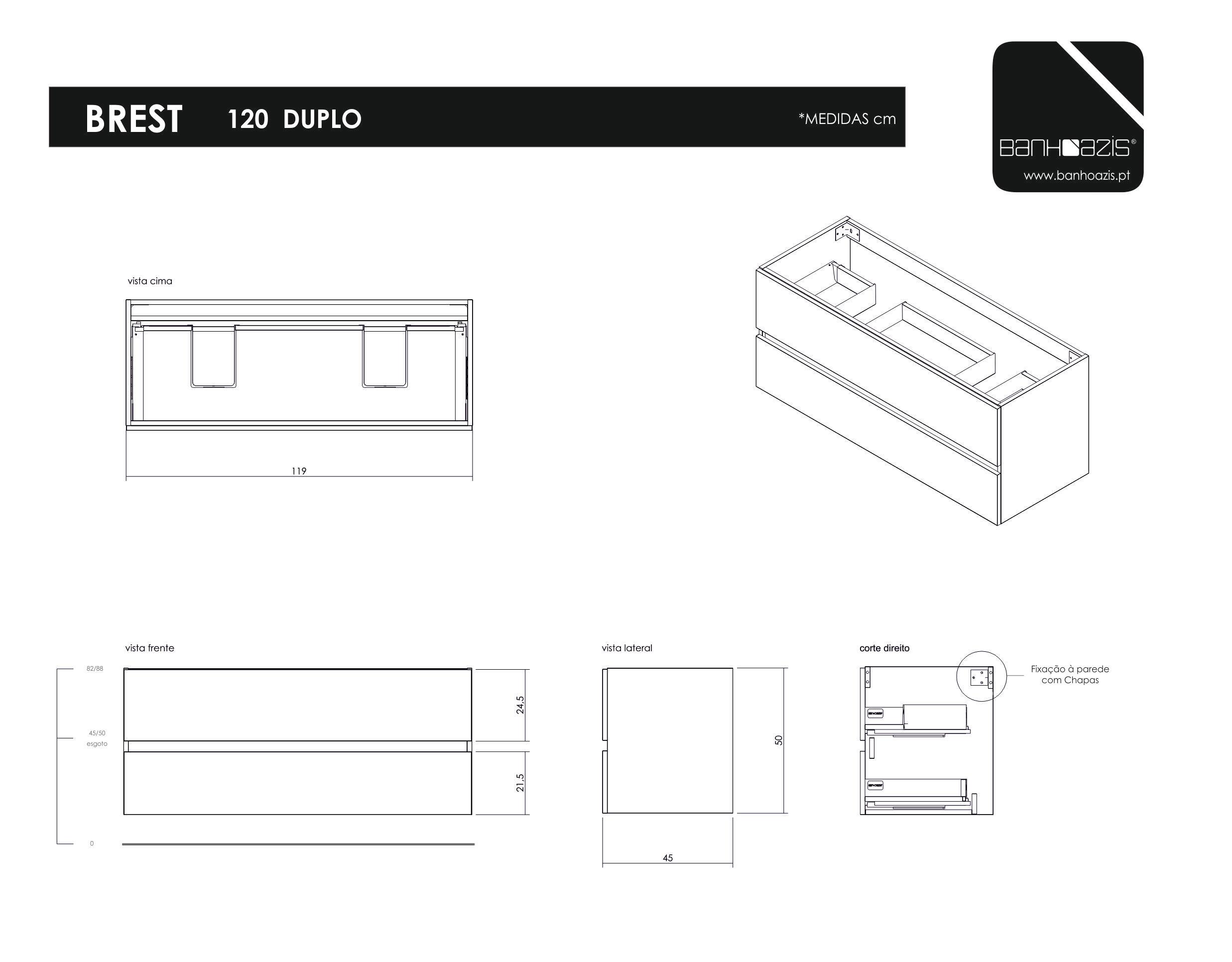 Móvel de casa de banho suspenso 2 pios 120x46x84 cm branco Brest - 4