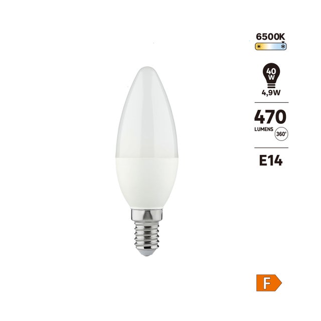 Bombilla LED E14 470 lúmenes 4.9W color de la luz blanco frío 6500K CRI 89-80 luz natural y fiel clase energética F