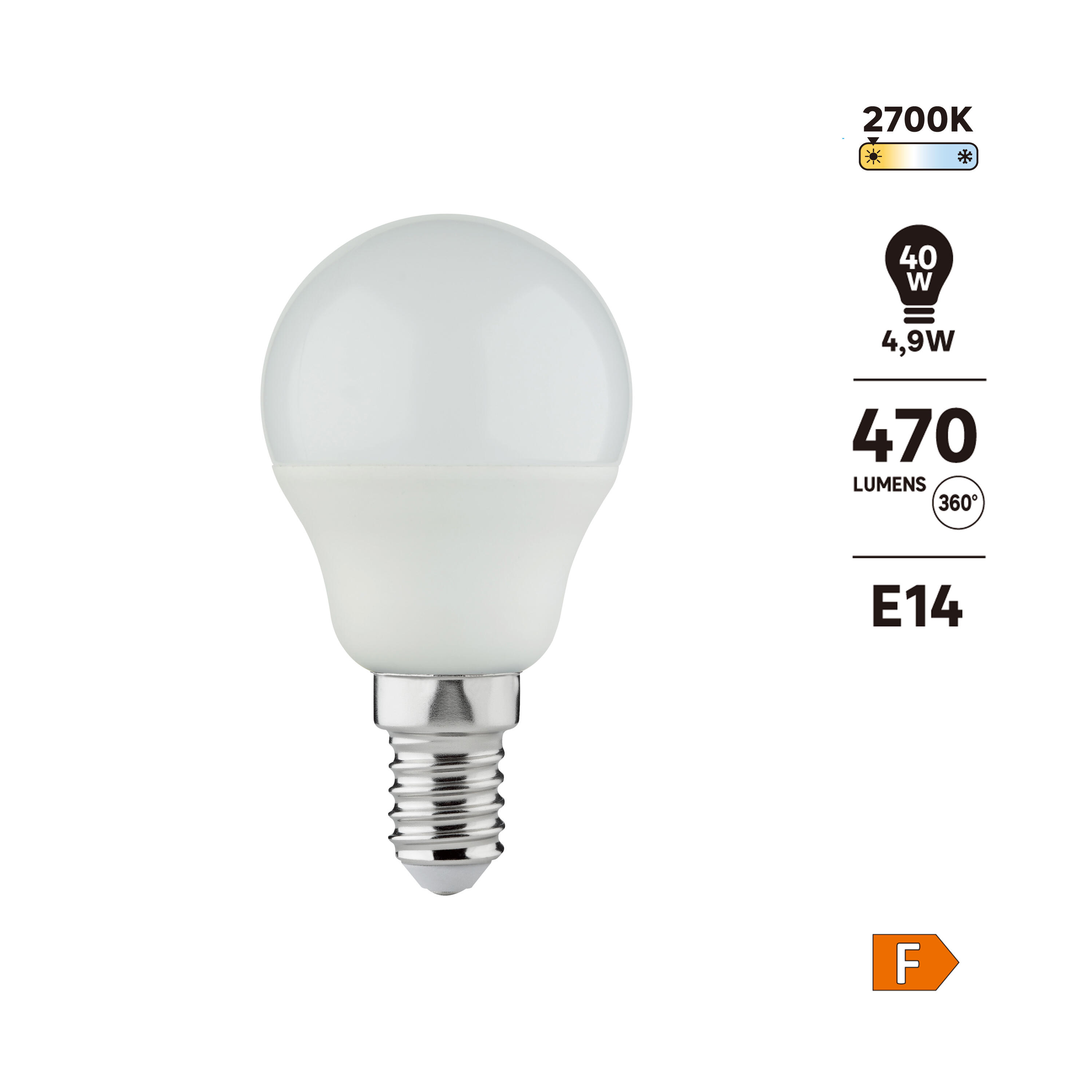 Ampoule led, sphérique E14, 470lm = 40W, blanc chaud - 6